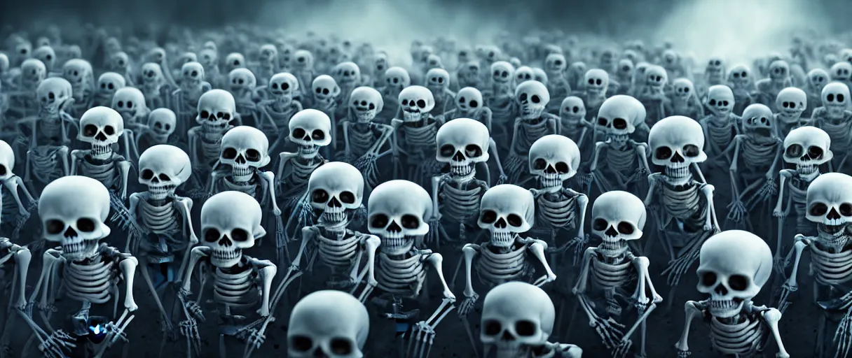 Prompt: hyperrealistic supercute skeleton army ute osterwald jason limon professional concept art dramatic blue lighting wide angle hd 8k sharp shallow depth of field