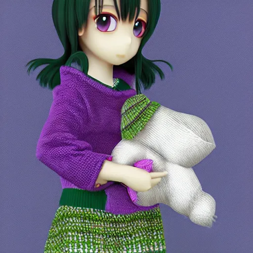 Prompt: cute fumo plush of a girl in a purple and green checkerboard woolen sweater, anime girl, vray