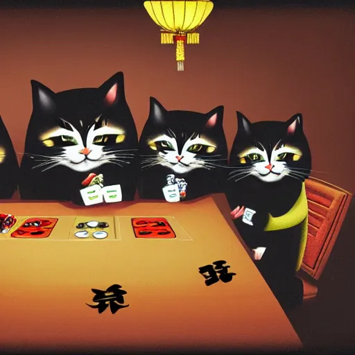Prompt: fat mobster cats gambling at a table with a single light overhead, smoke fills the room, chinese art style photo