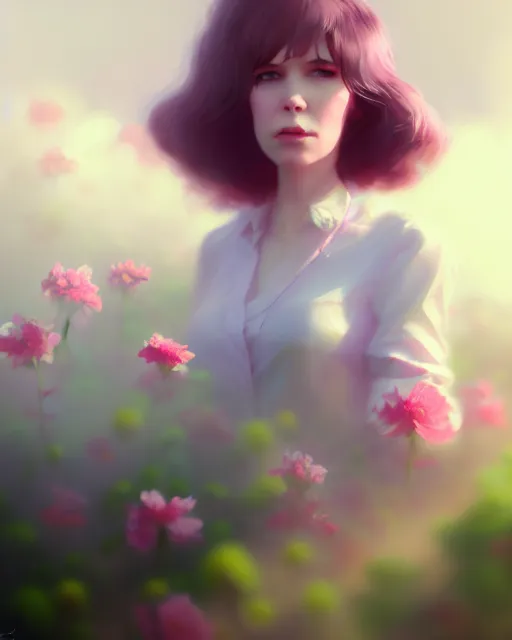 Image similar to candy clark surrounded by mist and pretty flowers, very detailed, realistic face, detailed face, matte, tonemapping, perfection, 4 k, cushart krenz, cinematic, atmospheric