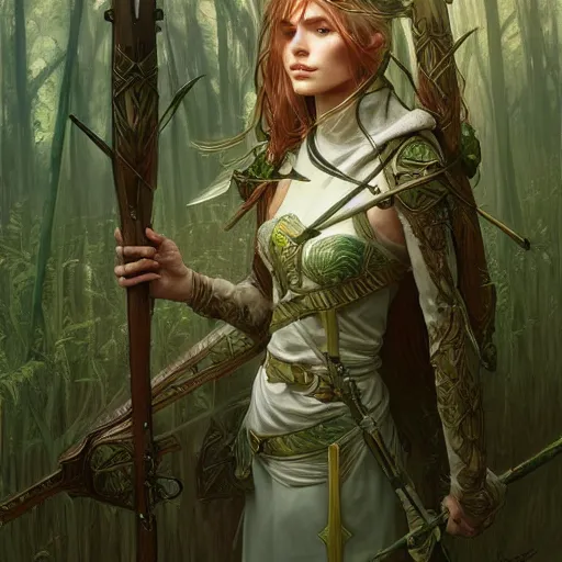 Prompt: beautiful natural cottagecore archer elf hooded longbow verdant lush, intricate, elegant, highly detailed, digital painting, artstation, concept art, smooth, sharp focus, illustration, art by artgerm and greg rutkowski and alphonse mucha and loish and wlop