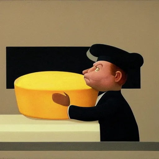 Prompt: a very fat chef offers you cheese by Raphael, Hopper, and Rene Magritte. detailed, romantic, enchanting, trending on artstation.