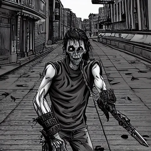 Prompt: a walking undead human in the streets, ballistic style, ultrarealistic