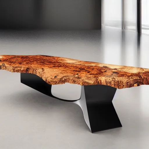 Image similar to rectangular cherry burl wood black epoxy river down the center of the table, modern style, magazine photograph, realistic