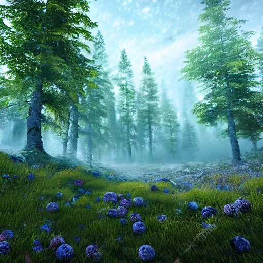 Image similar to artistic render of a scene with detailed blueberry bushes in a nordic forest. Digital art. 4K. Unreal engine. Trending on artstation.