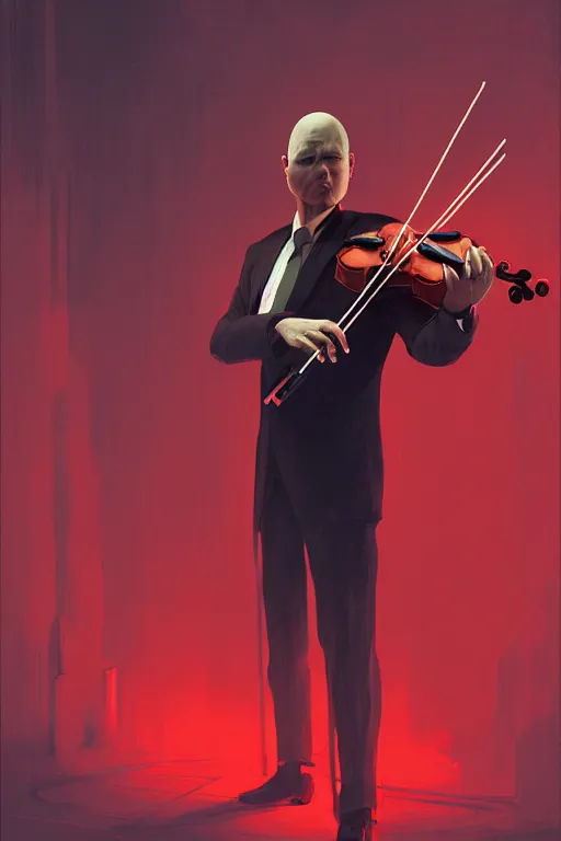 Image similar to an expressive portrait of agent 4 7 playing the violin in a monastery, dark background, red rim light, digital art, artstation, concept art by giger stalenhag