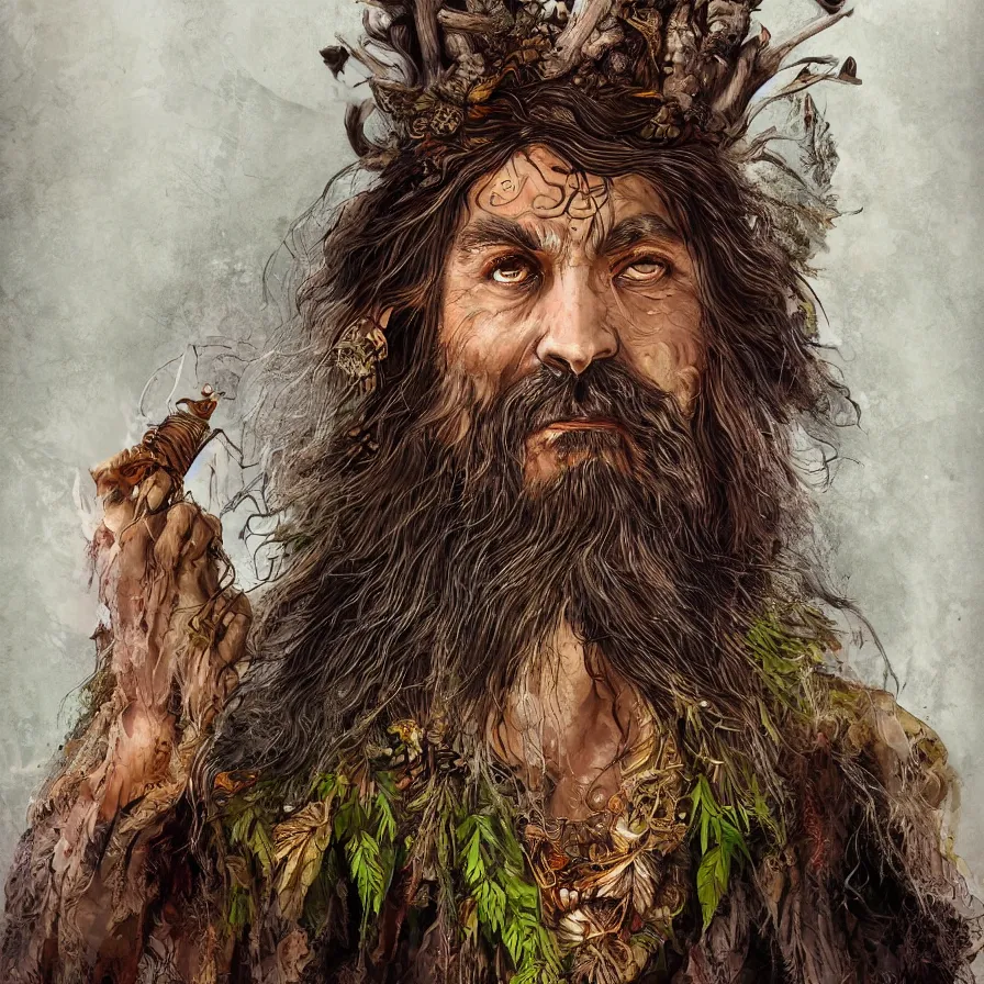 Image similar to Portrait of the Primeval Forest God, a bearded Western male druid deity that presides over nature and brings wisdom onto the world. His body is partially covered in tree bark. Headshot, insanely nice professional hair style, dramatic tribal dark hair color, bright colourful halo around the head, digital painting, of a old 17th century, amber jewels, baroque, ornate clothing, tribalistic sci-fi, realistic, hyper-detailed, chiaroscuro, concept art, art by Franz Hals and Jon Foster and Ayami Kojima and Amano and Karol Bak,