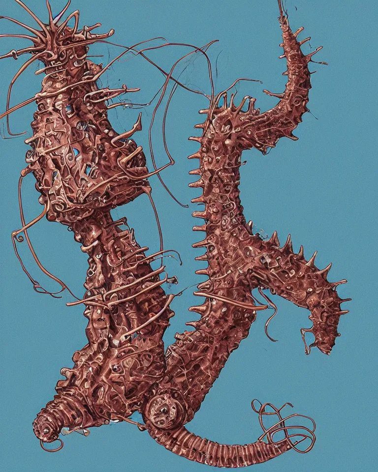 Image similar to a detailed scientific anatomical illustration of a cybernetic seahorse.