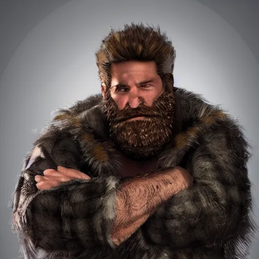 Prompt: fantasy middle - aged burly lumberjack with a beard, render, photorealistic, dungeons and dragons, realistic, dark hair, wearing a fur coat, high quality matte painting, midjourney