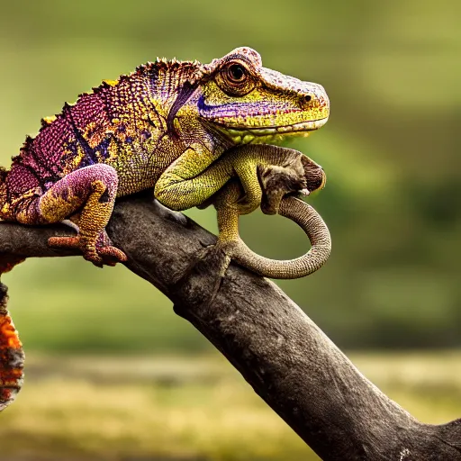 Image similar to single Tokay crocodile chameleon riding a lion, wildlife photography, National Geographic, 4k