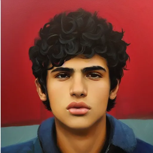 Prompt: oil painting by ilya kuvshinov, baugh casey, rhads, coby whitmore, of a youthful persian - indian college student, fair olive skin, refined features, high cheekbones, handsome, curly black hair, outdoors, highly detailed, breathtaking face, studio photography, dawn, intense subsurface scattering, blush, supple look, innocence, intense sunlight