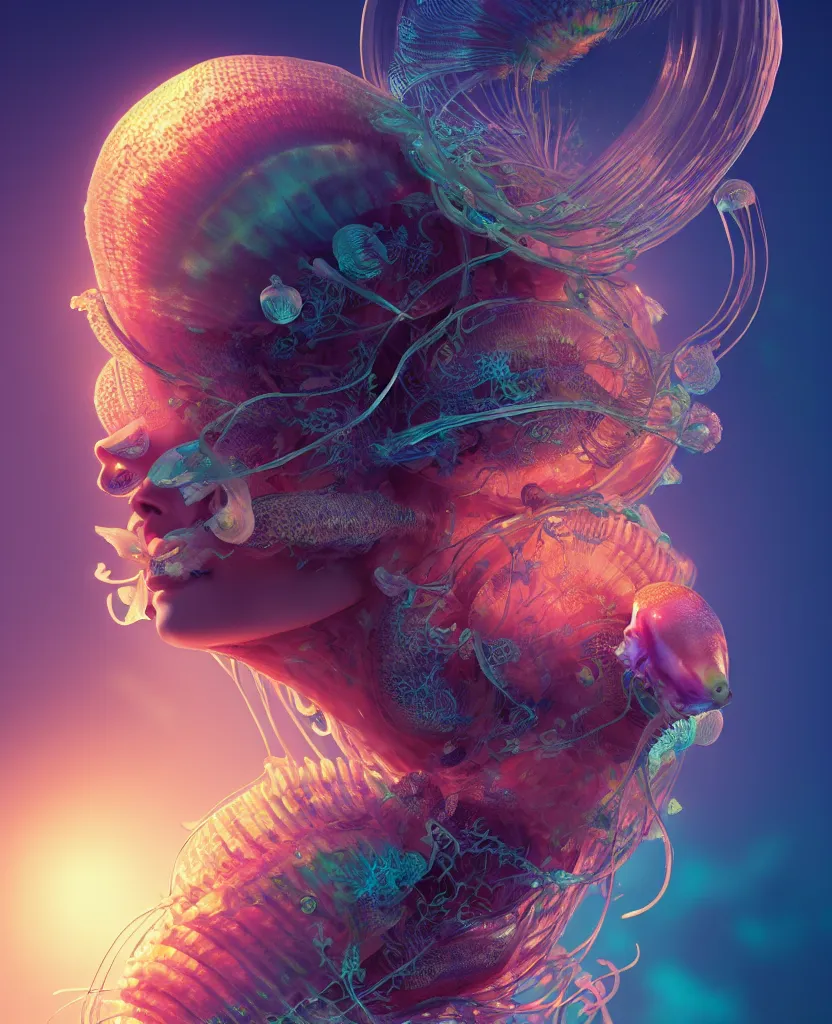 Image similar to goddess close-up portrait. jellyfish phoenix head, nautilus, orchid, skull, betta fish, bioluminiscent creatures, intricate artwork by Tooth Wu and wlop and beeple. octane render, trending on artstation, greg rutkowski very coherent symmetrical artwork. cinematic, hyper realism, high detail, octane render, 8k