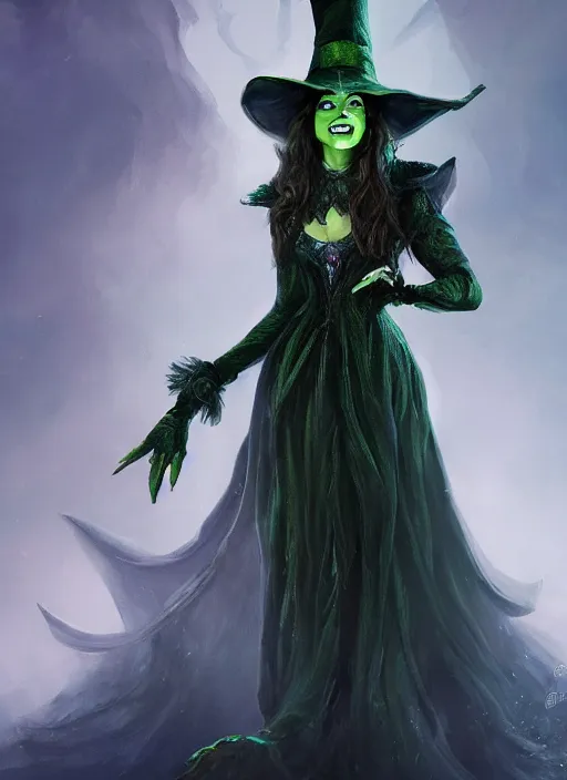 Image similar to beautiful female wicked witch, rebecca romijn as the wicked witch of the west, full body character concept, armor, super powers, fantasy, intricate, elegant, highly detailed, digital painting, artstation, concept art, shining, sharp focus, illustration, art by stanley lau