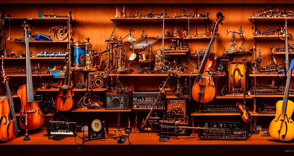 Image similar to a shelf of amazing magical musical instruments, cinematic lighting, detailed, beautiful colors, ornate, by greg rutowski and wlop 4 k