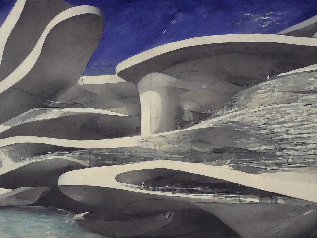 Prompt: a epic painting of a niemeyer and zaha hadid building, by brian despain, harriet backer