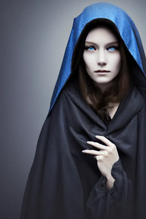 Prompt: woman in black cloak with blue eyes and calm look, close - up portrait, fashion model, volumetric light, in style of classicism mixed with 7 0 s japanese sci - fi book art