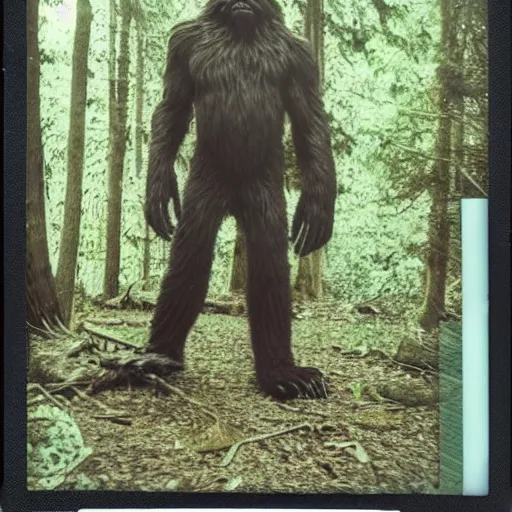 Image similar to a polaroid photo capturing bigfoot in the forest