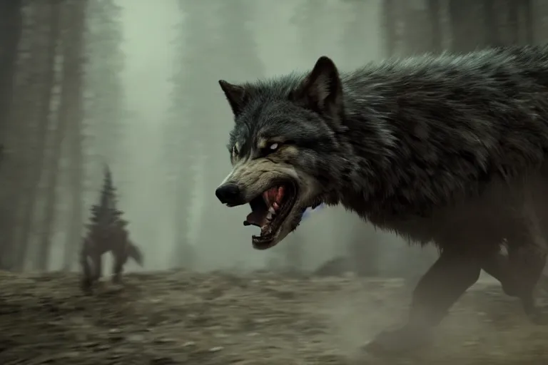 Image similar to still from a fantasy movie, a out of focus back of a man, facing a angry wolf, muted colors, action, 8 k, depth of field, cinematic, hyperrealistic, movie still frame, promotional image, imax 7 0 mm footage