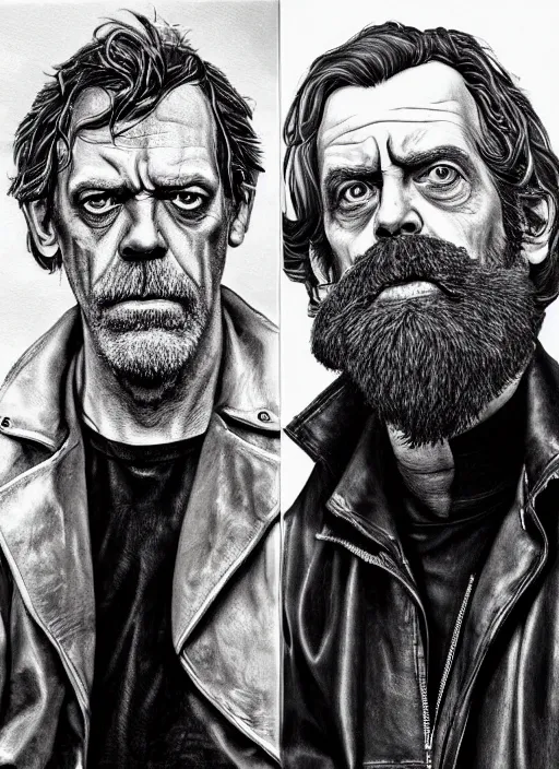 Prompt: hugh laurie, gritty, dark, beard, wearing a leather jacket, hyperrealistic, very detailed painting by Glenn Fabry, by Joao Ruas, by Artgerm