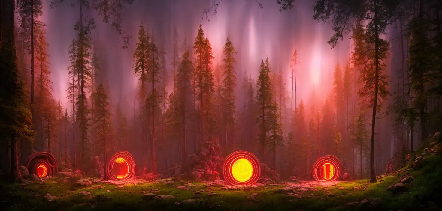 Image similar to random scary forest house landscape, round glowing vivid colour neon portal, incredible, vector art, octane render, fabulous, hyper detailed, random cinematic view, no noise, global illumination, warm lighting, volumetric, godrays, vivid, beautiful, by jordan grimmer