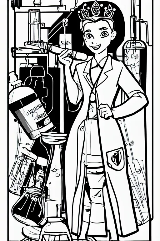 Prompt: princess scientist, chemistry, test tube, laboratory, in the colouring book style, black and white, disney, marvel, labcoat, tiara, cartoon,