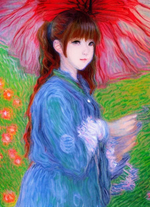 Image similar to a girl wearing thrifty clothing, very anime, trending artwork, 4 k, anime painter studio, an impressionist style by claude monet