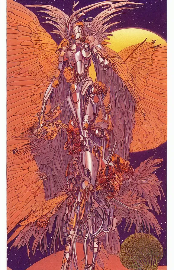 Prompt: Artwork by moebius and chichoni, Beautiful robotic angel