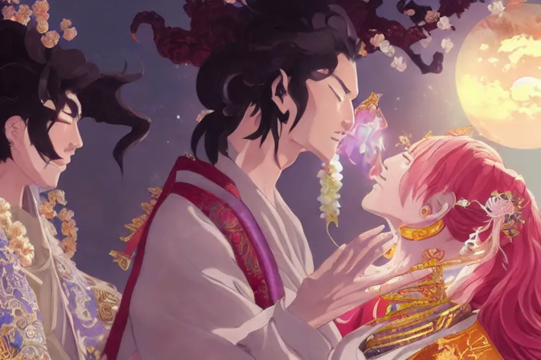 Image similar to close up moment of a divine a japan sun god and a moon goddess lovers magician at a wedding banquet, highly detailed, genshin, fantasy, 4 k realistic, digital painting, trending on artstation, concept art, sharp focus, illustration, art by makoto shinkai and akihiko yoshida and daniel gerhartz