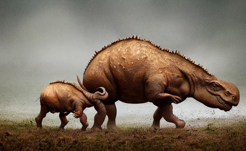 Image similar to nature photography of a rain soaked triceratops and her baby, african savannah, rainfall, muddy embankment, fog, digital photograph, award winning, 5 0 mm, telephoto lens, national geographic, muscular legs, large eyes