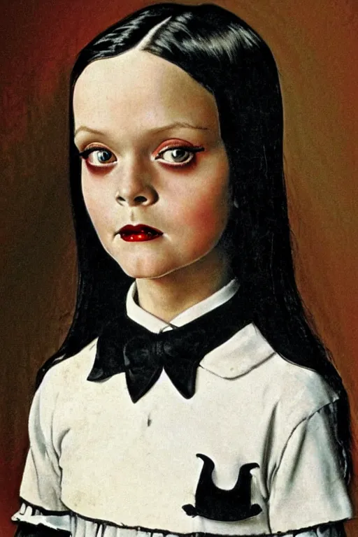 Prompt: wednesday addams from the addams family painted by norman rockwell