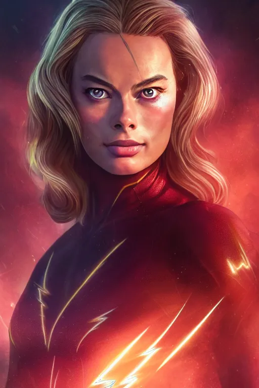 Image similar to majestic and anime key visual margot robbie female the flash, dc universe, perfect face, beautiful, intricate, epic, elegant, fantasy, highly detailed, digital painting, hard focus, beautiful volumetric lighting, epic light, ultra detailed, by leesha hannigan, ross tran, thierry doizon, kai carpenter, ignacio fernandez rios