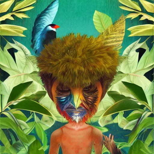 Image similar to mystical folk birdhuman character on a tropical forest, realistic proportions, glitch art, poster art, in the style of henri rousseau and pablo amaringo