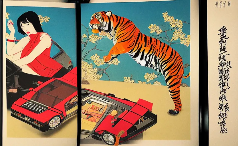 Image similar to a red delorean and a yellow tiger, art by hsiao - ron cheng and utagawa kunisada, magazine collage, # e 5 3 7 1 b, # e 4 e 6 2 0, # de 9 5 f 0,