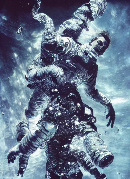 Image similar to astronauts in dark and empty void underwater - complex and hyperdetailed technical suit. reflection and dispersion materials. rays and dispersion of light. volumetric light. 5 0 mm, f / 3 2. noise film photo. flash photography. ultra realistic, wide angle. poster by wayne barlowe, hajime sorayama aaron horkey, craig mullins