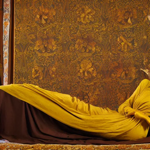 Image similar to preraphaelite photography reclining on bed, large downslanted eyes, large lips, big brown fringe, yellow ochre ornate medieval dress, charles sillem lidderdale, william morris, 4 k