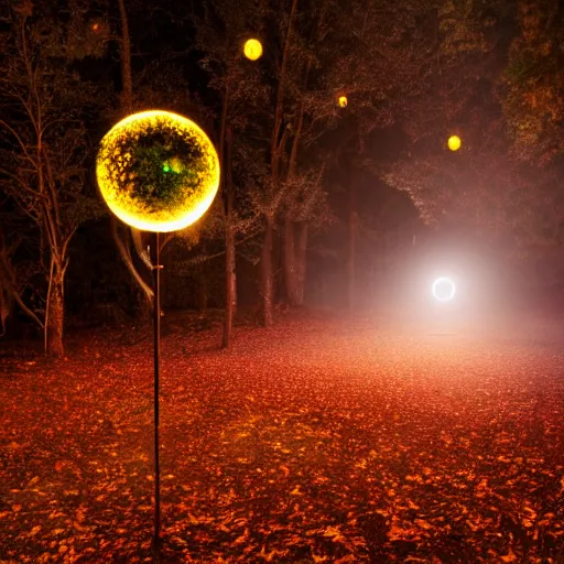 Image similar to forrest illuminated by glowing spheres, mist on ground, dramatic, night, 5 5 mm