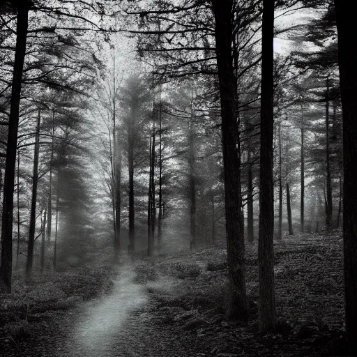 Image similar to deep forest in the night, shooting on the run, ghost far away behind the trees, poor quality of photography, 1/2 second shutter speed