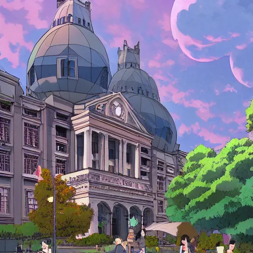 Image similar to Jussieu campus (Sorbonne Université) in the style of studio ghibli, beautiful landscape, intense lighting, 8k, trending on artstation