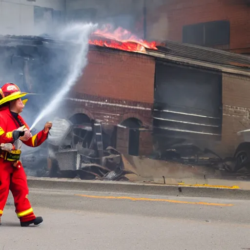 Image similar to a clown wearing firefighter clothes, using a flamethrower on a dumpster fire