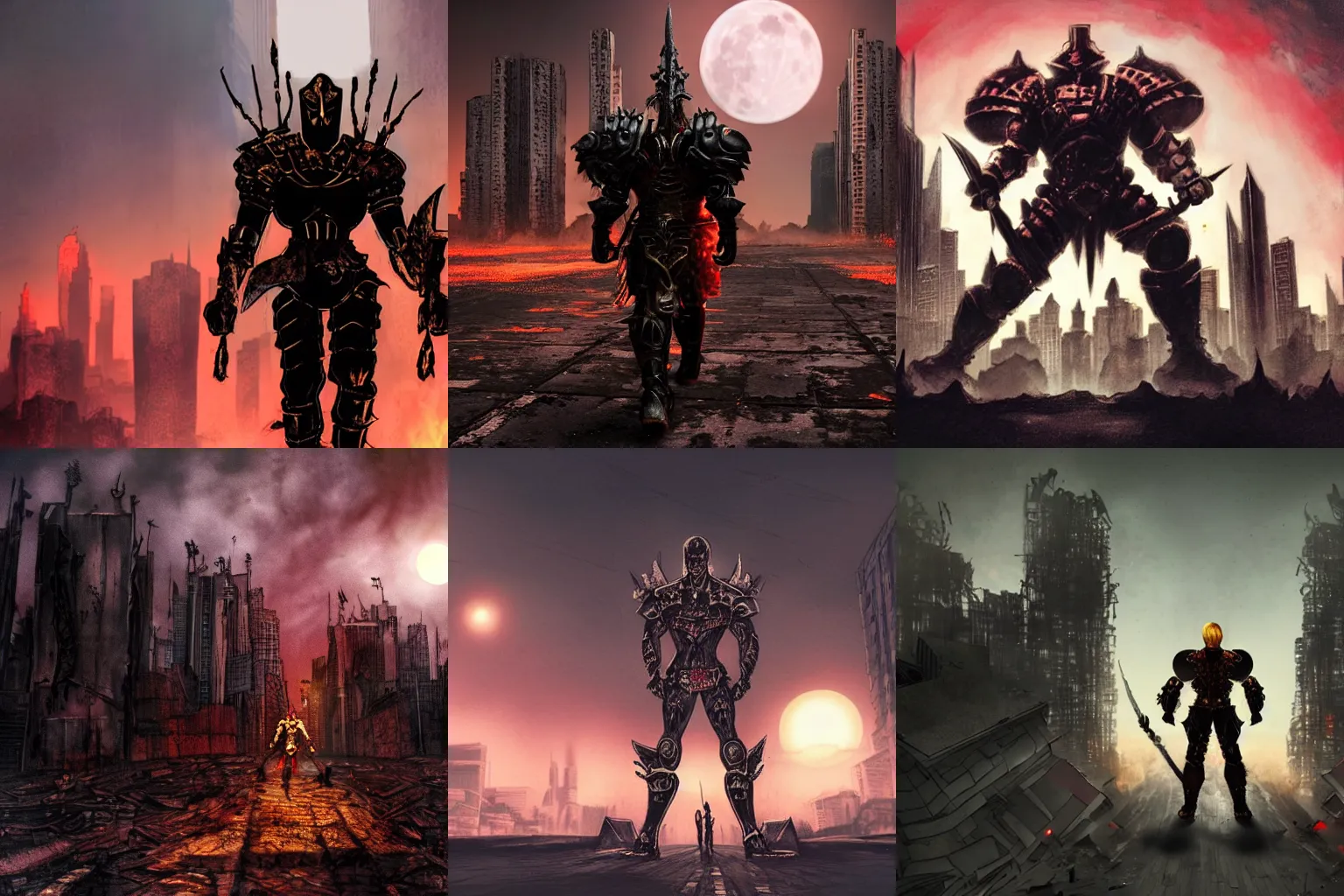 Prompt: A muscular man with black metal armor and two big golden swords in his hands is walking in a street surrounded by ruined skyscrapers and the sky is red with a full moon, dramatic lighting