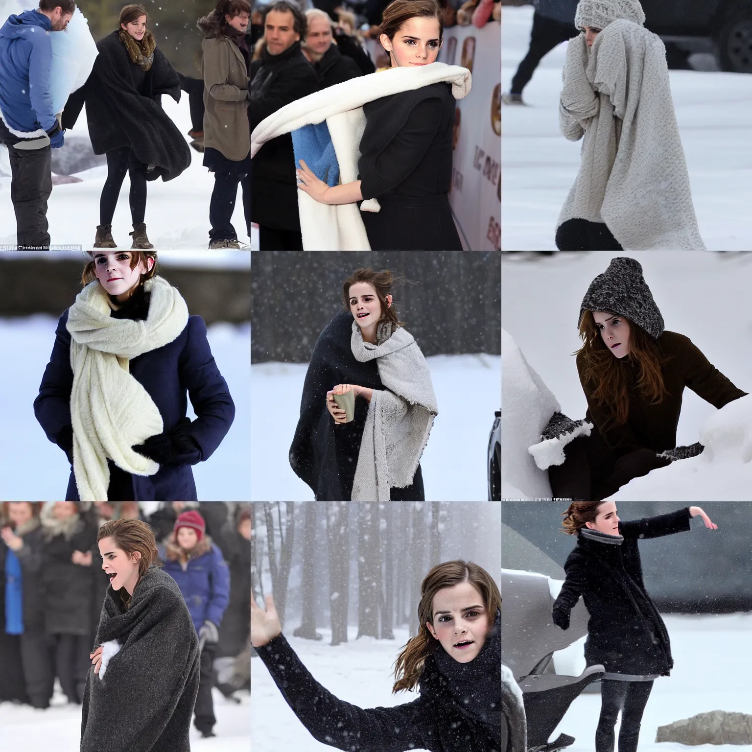 Prompt: chilly in snowdrift emma watson reaching for blanket out of reach