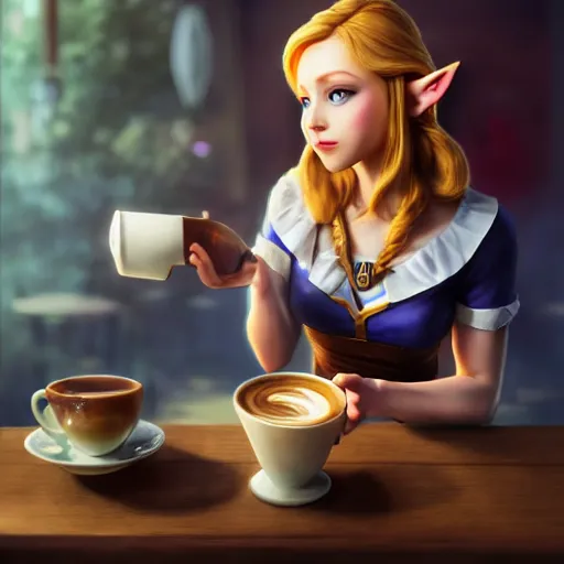 Prompt: Zelda as a cafe waitress pouring coffee into a customer's cup, amazing, beautiful, perfect eyes, full body shot, portrait, vivid colors, elegant, concept art, sharp focus, digital art, Hyper-realistic, 4K, Unreal Engine, Highly Detailed, HD, Dramatic Lighting by Brom, trending on Artstation