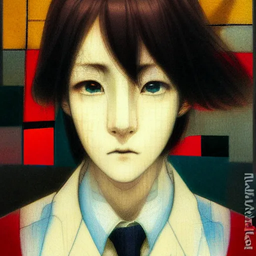 Image similar to yoshitaka amano blurred and dreamy realistic three quarter angle portrait of a young woman with short hair and black eyes wearing office suit with tie, junji ito abstract patterns in the background, satoshi kon anime, noisy film grain effect, highly detailed, renaissance oil painting, weird portrait angle, blurred lost edges