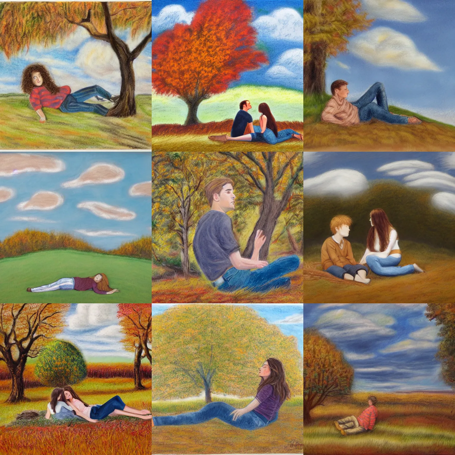 Prompt: landscape pastel of tiny young man with long brown hair and woman with long light brown hair, laying under a tree looking at clouds autumn, ( ( ( wearing jeans ) ) )