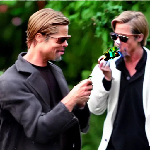 Prompt: brad pitt smoking a cigar with his friend pingu