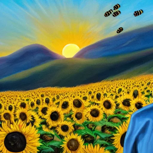 Image similar to painting of a man looking out into a sunset behind hills, bees around him, clouds everywhere in a sunflower field