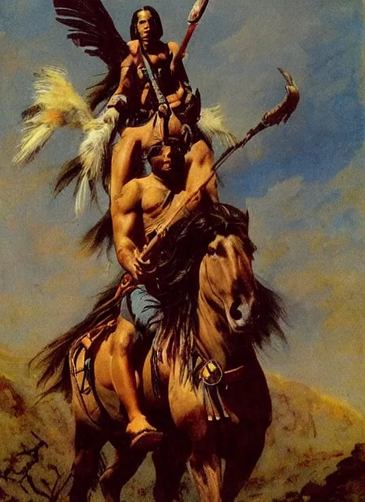 Prompt: powerful native american warrior!! beautiful native american sitting on horse, nineteenth century, painted by frazetta