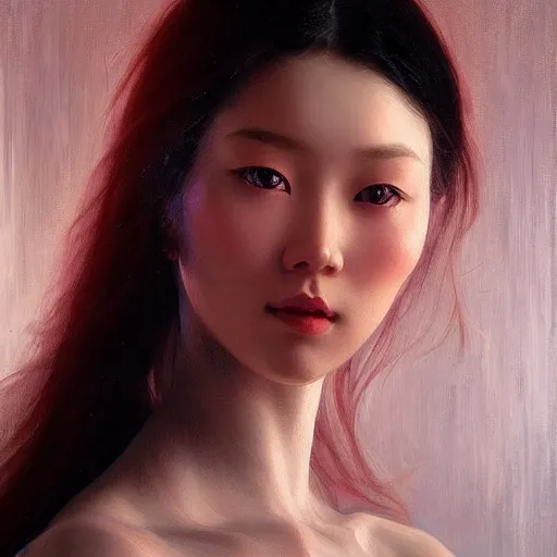 Image similar to yanjun cheng portrait of a beautiful vietnamese woman, intricate, detailed, symmetric face, by wlop and karol bak and bouguereau and viktoria gavrilenko