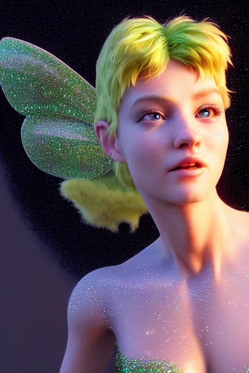 Prompt: hyperrealistic mixed media painting of tinker bell, full body, stunning 3d render inspired art by P. Craig Russell and Barry Windsor-Smith + perfect facial symmetry + dim volumetric lighting, 8k octane beautifully detailed render, post-processing, extremely hyperdetailed, intricate, epic composition, grim yet sparkling atmosphere, cinematic lighting + masterpiece, trending on artstation, very very detailed, masterpiece, stunning