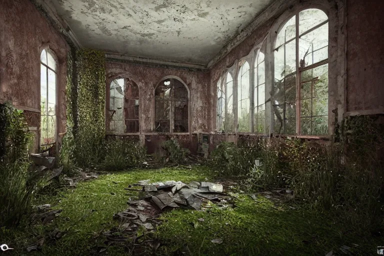 Prompt: ruined, abandoned polish mansion, seen from inside and overgrown by plants. First light of day falls through the broken windows. Dirt, leaves on ground. Octane render. Substance painter. Zbrush. Trending on artstation. 8K. Highly detailed.